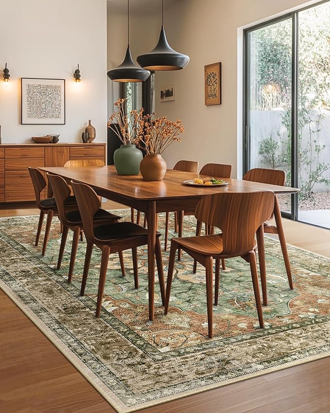 Area Rugs Square 8ft Washable Non-Slip, Floral Vintage Distress Print Pattern Medallion Carpet for Living Room Bedroom Dining Room, Brick Red Rust Red Neutral