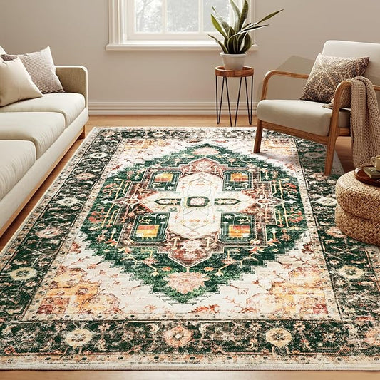 Washable 5x7 Area Rugs, Rugs for Living Room, Low-Pile Water&Stain Resistant Carpet Vintage Distressed Printed Non-Slip Carpet for Bedroom Bathroom Kitchen-Green