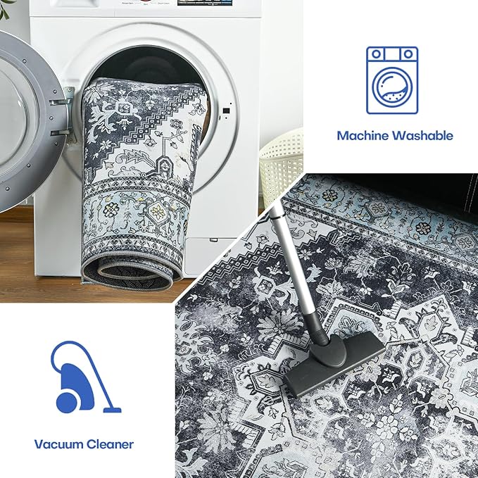 YJ.GWL Large Area Rug for Living Room, 5x7 Machine Washable Boho Rug for Bedroom, Low Pile Lightweight Thin Rugs Floral Vintage Distress Print Pattern Carpet for Dining Room, Blue/Grey