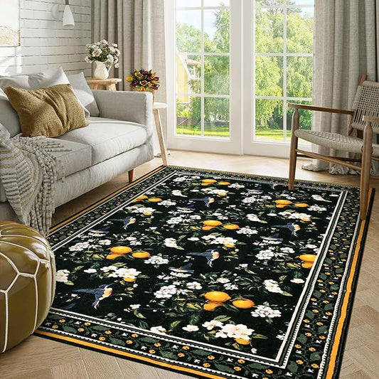 ASPMIZ Black Floral Area Rug, Vintage 3x5 Rug Washable Non Slip, Lemon Hummingbird Rugs for Living Room, Foldable Low Pile Soft Throw Rug Carpet for Bedroom Kitchen Dining Room Nursery Office