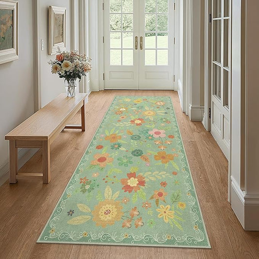 Bavni 2x5 Runner Rug, Foldable Floral Rugs for Hallways Kitchen Bedroom Kids Room, Lightweight Machine Washable Non Slip Rubber Rugs Backing, Ultra-Thin Aesthetic Boho Green