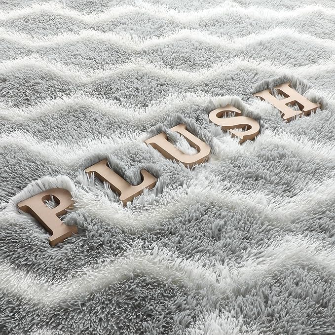 RUGTUDER 4x6 Area Rugs for Living Room, Fluffy Fuzzy Washable Striped Rugs Shaggy Rug for Bedroom, Soft Plush Furry Rug Floor Carpet for Kids Room Nursery Classroom Dorm Office Decor, Grey and White