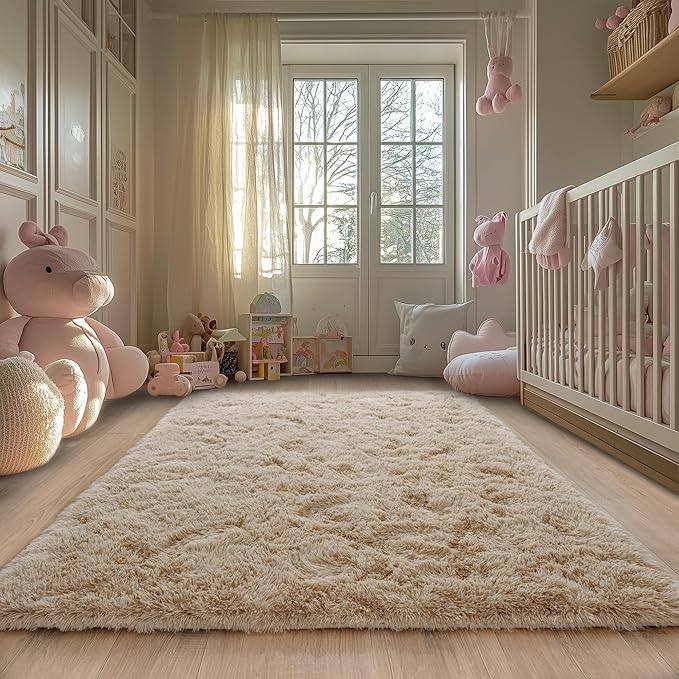 Beige Fluffy Rug for Bedroom 5x7 ft - Ultra Soft & Non Slip Shaggy Area Rug, Comfy Durable Carpet for Living Room Kids Room Teens Dorm Home Decor, 1.7'' Thick Indoor Plush Carpets