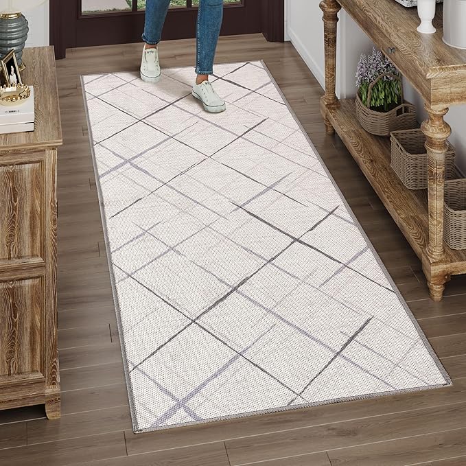 Runners for Hallways Kitchen Runner Rug Non Slip 2x6 Washable Runner Rugs No Pile Tear and Stain Resistance, Hand Woven Style Thin Runners for Hallways, Kitchen, Laundry, Bathroom- White