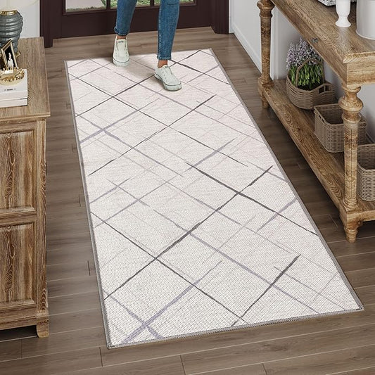 Runners for Hallways Kitchen Runner Rug Non Slip 2x6 Washable Runner Rugs No Pile Tear and Stain Resistance, Hand Woven Style Thin Runners for Hallways, Kitchen, Laundry, Bathroom- White
