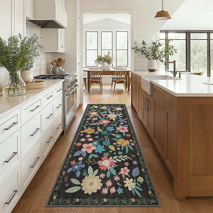 Bavni 2x12 Rugs for Hallways, Long Lightweight Machine Washable Non Slip Runner Rug, Foldable Floral Rugs for Kitchen Bedroom Kids Room, Ultra-Thin Aesthetic Boho Black