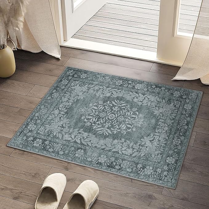 2x3 Area Rug Gray Washable Entryway Door Mat Indoor Vintage Medallion Floral Carpet Kitchen Bathroom Distressed Entrance Retro Small Non Slip Accent Throw Bedroom Office Dining Living Room