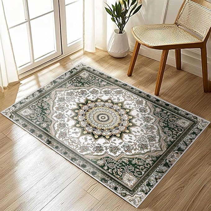 2x3 Entryway Rug Traditional Oriental Vintage White Dark Green Area Rug Indoor Entrance Non Slip Door Mat Stain Resistant Washable Machine Soft Low Pile Small Carpet Bathroom Kitchen