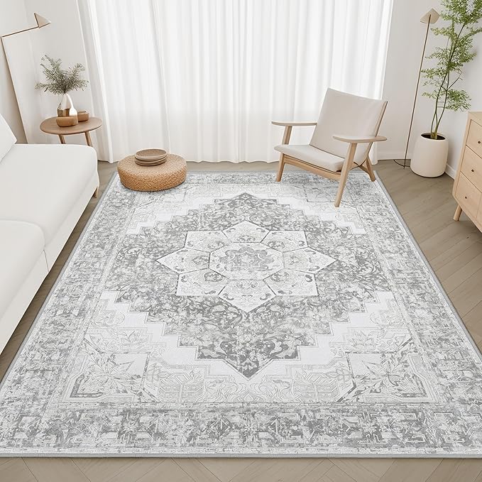 Washable Area Rug 3x5 Boho Entryway Rug Non Slip Soft Vintage Kitchen Rug Oriental Distressed Living Room Bedroom Rugs Indoor Floor Carpet for Bathroom Dining Room Office Entrance Dorm, Grey