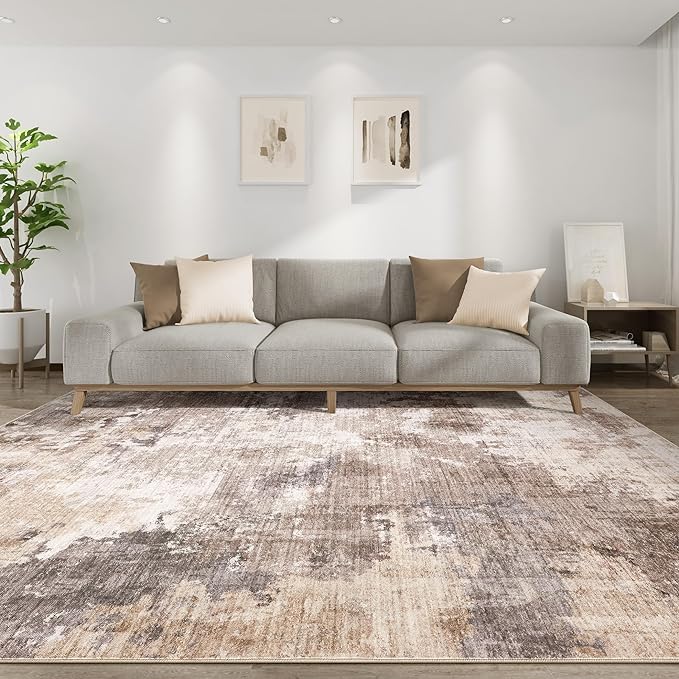 Washable Rug 8x10 Area Rugs for Living Room: Modern Abstract Neutral Soft Rug for Bedroom Dining Room Under Kitchen Table Home Office Decor - Brown