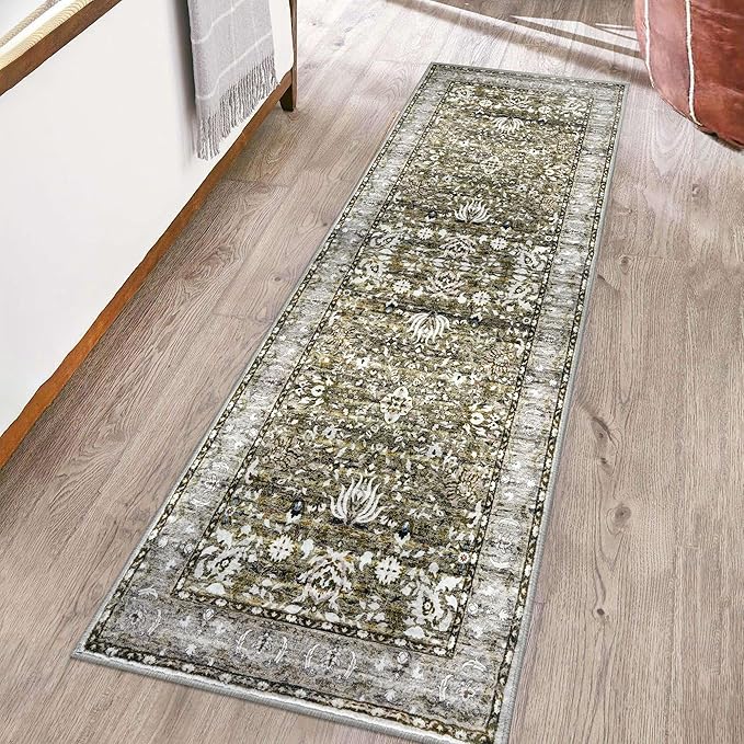 Runner Rug 2x6 Kitchen Runner Rug Washable Runner Printed Vintage Floral Rug Non-Slip Hallway Runner Distressed Boho Rug for Bedroom Laundry Room Doorway, Taupe