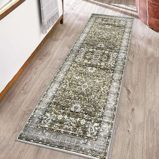 Runner Rug 2x6 Kitchen Runner Rug Washable Runner Printed Vintage Floral Rug Non-Slip Hallway Runner Distressed Boho Rug for Bedroom Laundry Room Doorway, Taupe