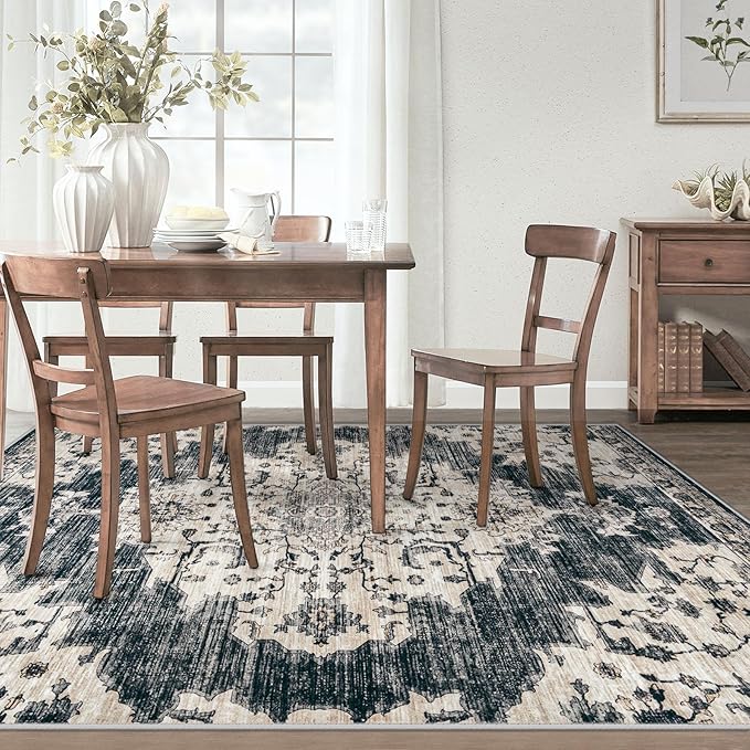 4x6 Area Rugs Washable Rug: Large Vintage Living Room Rug with Non-Slip Backing Low Pile Rugs Soft Indoor Floor Thin Carpet Non Shedding Neutral Carpets for Bedroom Dining Room Farmhouse Nursery Black