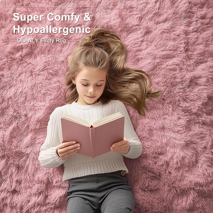 OLANLY 2x3 Machine Washable Small Bedside Rug, Soft Fluffy Shaggy Entryway Throw Rugs for Bedroom, Living Room, Indoor Floor Carpet for Kids Girls Boys, Nursery Rooms, Home Decor Aesthetic, Pale Pink