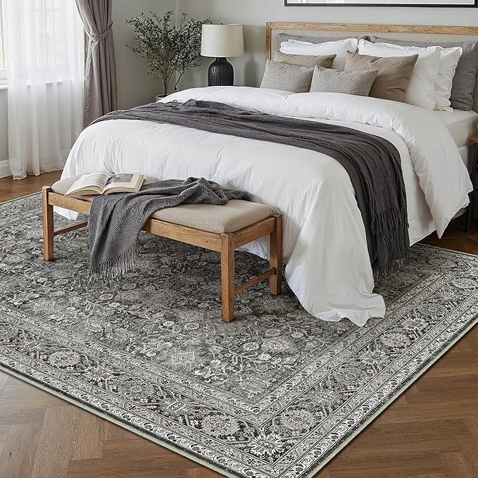 Vintage Area Rug 5x7 Black Washable Living Room Large Carpet Non Slip Bedroom Indoor Office Low Pile Traditional Distressed Retro Accent Rug for Dining Room Bathroom Kitchen