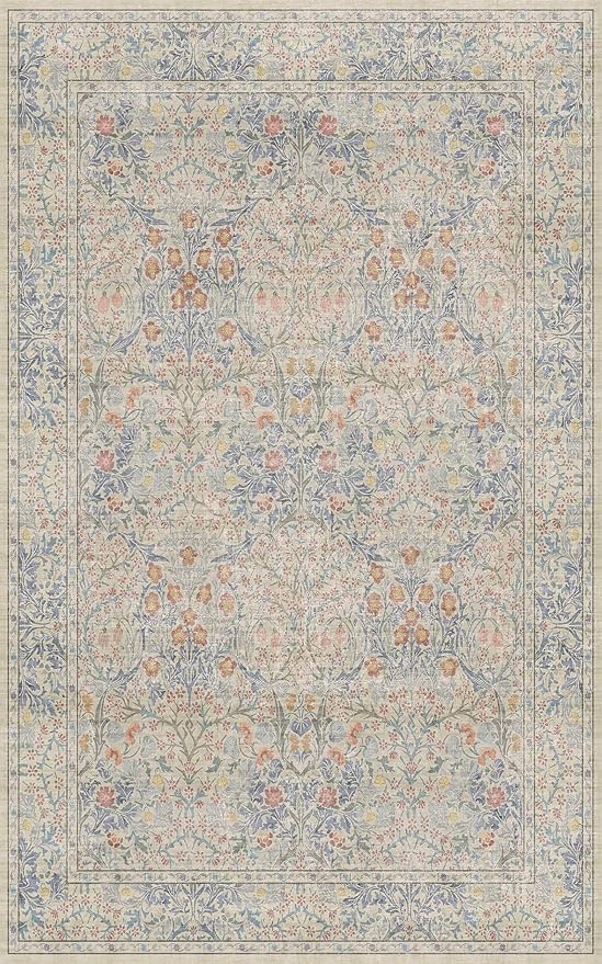 Washable Beige Blue 5x8 Area Rug for Living Room, Kids Room, Boy Nursery Rug, Bedroom Rug - Vintage Oriental Low Pile Non Slip & Stain Resistance (5x8 Beige Blue)