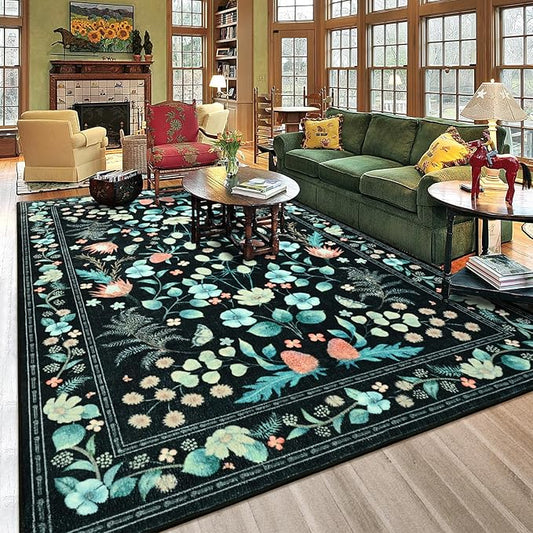 Area Rugs for Living Room, Washable 5x7 Vintage Rug for Bedroom, Non-Slip Floral Carpet for Home Office Nursery Dining Room Kitchen, Black
