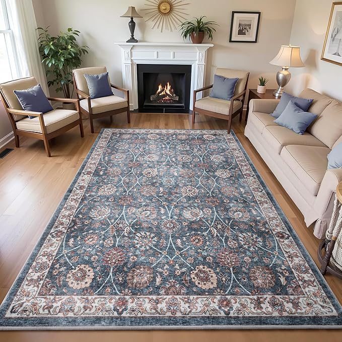 Carvapet Floral Rugs for Living Room Bedroom, Vintage Dark Blue Low Pile Large Carpet with Rubber Backing, Foldable, Non Slip Machine Washable (9 x 6 Feet Rectangular, Dark Blue Area Rug)