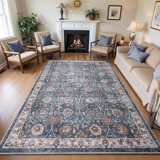 Carvapet Floral Rugs for Living Room Bedroom, Vintage Dark Blue Low Pile Large Carpet with Rubber Backing, Foldable, Non Slip Machine Washable (9 x 6 Feet Rectangular, Dark Blue Area Rug)