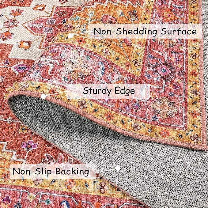 Moynesa Ultra-Thin Washable Runner Rug - Pink 2x4 Bedroom Bathroom Rug Runner Non-Slip Kitchen Rugs, Vintage Stain Resistance Low Pile Entryway Carpet Runner for Hallway Laundry Room