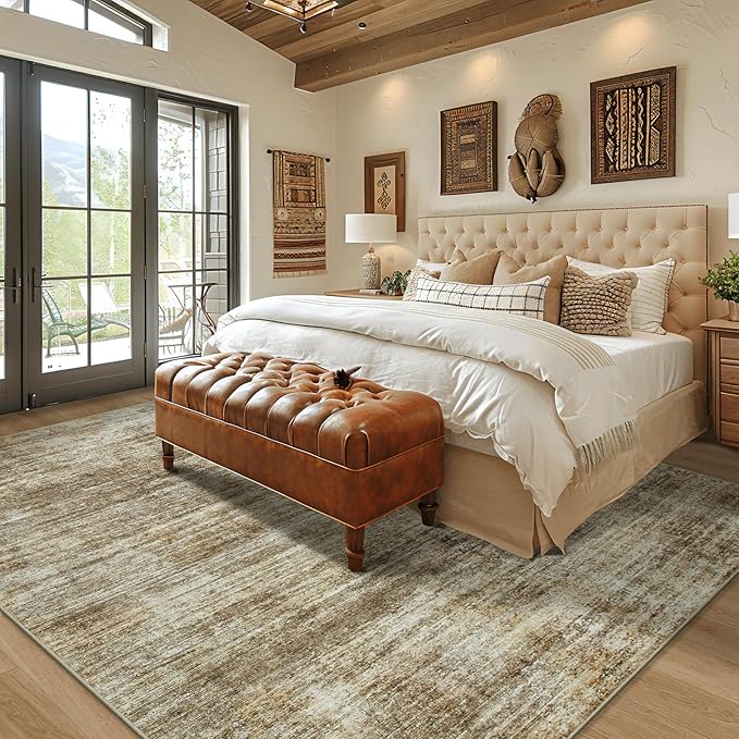 Washable Rug 6x9 Area Rugs, Abstract Large Living Room Rugs with Non-Slip Backing, Thin Carpet for Dorm Dining Room Table Nursery Indoor Home Office-Brown