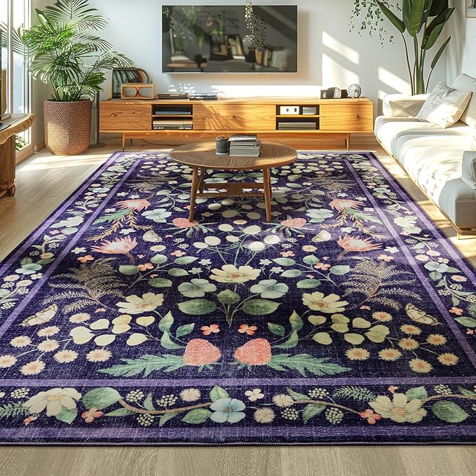Area Rugs for Living Room, Washable 5x7 Vintage Rug for Bedroom, Non-Slip Floral Carpet for Home Office Nursery Dining Room Kitchen, Purple