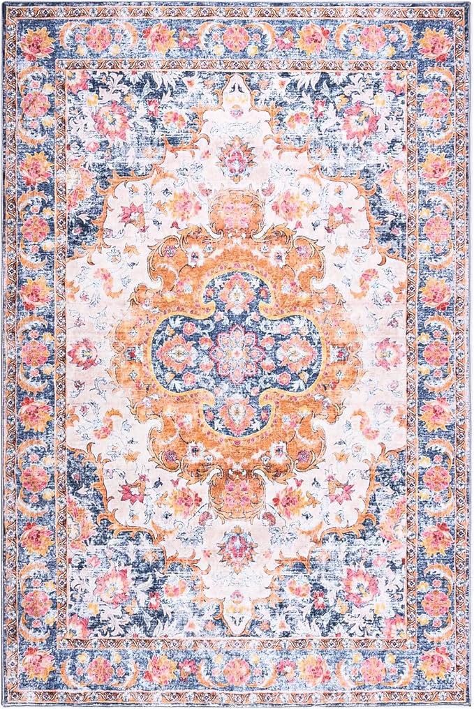 4x6 Area Rugs for Living Room, Foldable Machine Washable Rug, Soft Low Pile Non-Slip Vintage Floral Rug, Carpet for Bedroom, Dining Room, Bedside, Farmhouse, Office, Dorm (Blue, 4'×6')