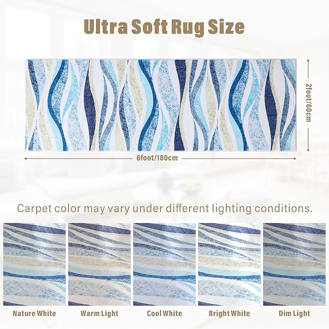 Carvapet Rugs for Hallway Laundry Bedroom, Modern Floral Low Pile Long Carpet with Rubber Backing, Foldable, Non Slip Machine Washable (6 x 2 Feet Rectangular, Blue Runner Rug)