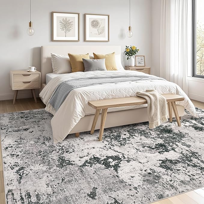 Area Rugs for Living Room: 10x14 Abstract Washable Rug Large Soft Stain Resistant Non-Slip Backing for Bedroom Dining Room Indoor Home Office Carpet for Kids Pet Friendly Families - Dark Grey