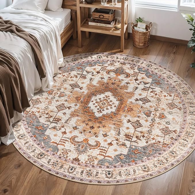 Vintage Round Rug 4ft, Washable Circle Rug, Non Slip Small Boho Round Rug, Low Pile Circular Rugs, Round Carpet for Bedroom,Entryway,Nursery,Dorm,Kitchen,Turmeric