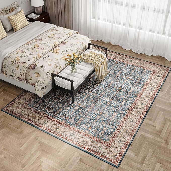Dripex 8x10 Area Rugs, Machine Washable Non Slip Distressed Boho Rugs,Large Area Rug for Bedroom Aesthetic, No Pile Lightweight Vintage Rug, Carpet for Living Room Dining Room Apartment,Blue and Red