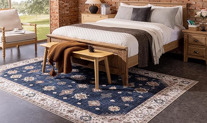 Soft Washable Faux Wool 6x9 Large Stain Resistant Rug Rubber Non-Slip Backing for Hallway Kitchen Bathroom Living Room Bedroom Indoor Doormat Dining Room Carpet Mat (Navy Blue, 6' x 9')
