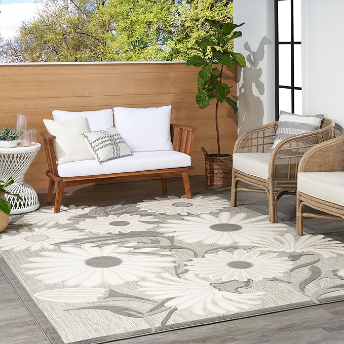 Nourison Aloha Indoor-Outdoor Beige 9' x 12' Area Rug, Easy Cleaning, Non Shedding, Bed Room, Living Room, Dining Room, Kitchen (9x12)