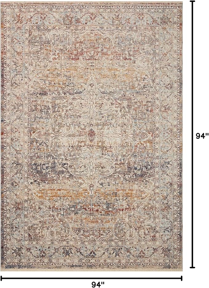 Loloi Sorrento Collection 7'-10" x 7'-10" Round Accent Rug in Natural/Multi - Vintage Inspired Patterned Area Rug, Unique Area Rug for Living Room, Bedroom, Dining Area