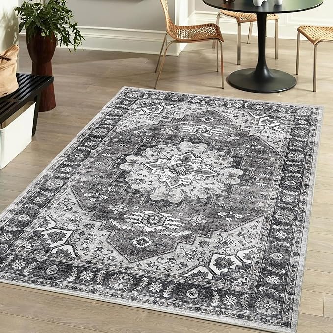 3x5 Area Rugs Washable Boho Rug, Non Slip Carpet for Living Room, Boho Vintage Design Rug, Foldable Soft Low-Pile Rug, Brown/Gray-Brown
