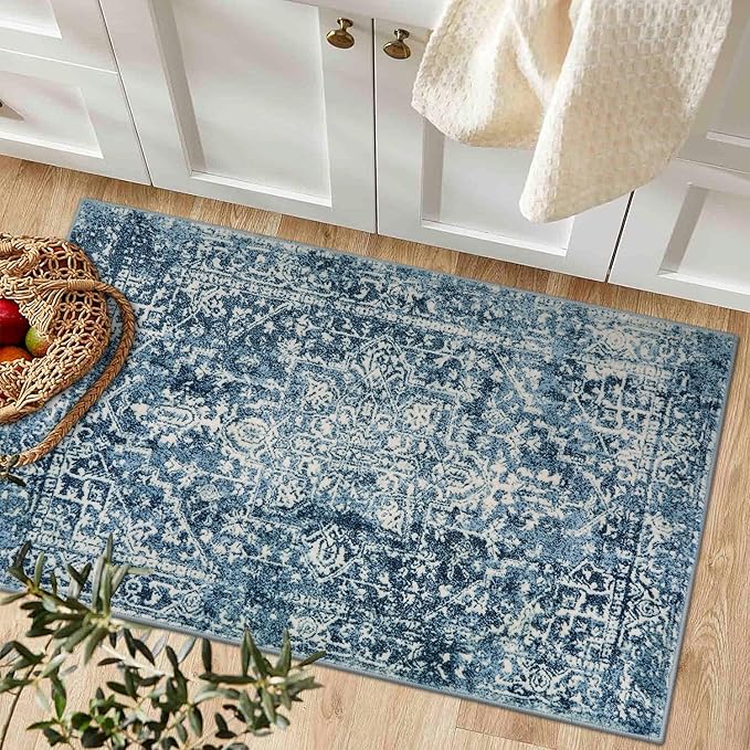 Morebes Boho 2x3 Blue Bathroom Rugs, Washable Small Indoor Door Mat Vintage Medallion Kitchen Rug Non-Slip, Soft Non-Shedding Throw Carpet for Bedroom Entrance Bath