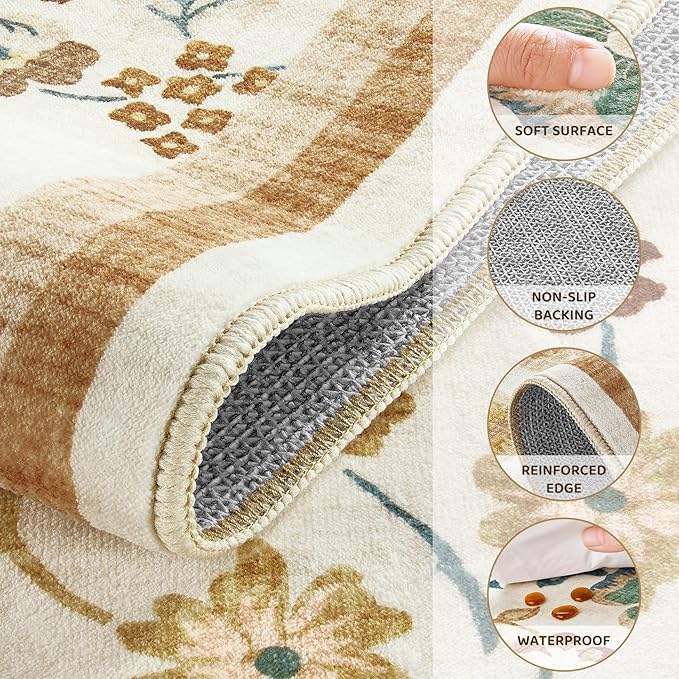 10x14 Area Rug Living Room Rugs - Washable Boho Vintage Floral Large Soft Non Slip Thin Rug Low Pile Carpet for Bedroom Dining Room Kids Playroom Office Decor Indoor- Brown