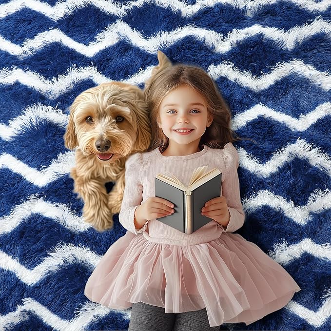 RUGTUDER Fluffy Rugs for Bedroom, 4x6 Washable Shag Striped Rug Fuzzy Plush Rug for Living Room, Chevron Pattern Soft Shaggy Area Rug for Kids Boys Room Teen Dorm Classroom Decor, Navy Blue and White