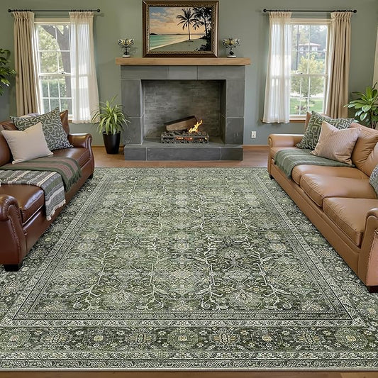 Vintage Area Rug 8x10 Green Washable Living Room Large Carpet Non Slip Bedroom Indoor Office Low Pile Traditional Distressed Retro Accent Rug for Dining Room