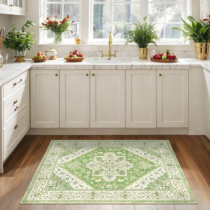 Vintage Rug 2x3 Washable for Entryway, Non Slip Small Area, Indoor Front Door, Print Distressed Green Mat Carpet, Soft Low Pile for Entrance Kitchen Bedroom Bathroom