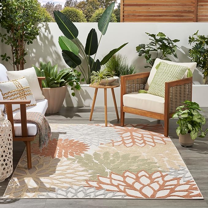 Nourison Aloha Indoor/Outdoor Ivory Multicolor 6' x 9' Area Rug, Easy Cleaning, Non Shedding, Bed Room, Living Room, Dining Room, Backyard, Deck, Patio (6x9)