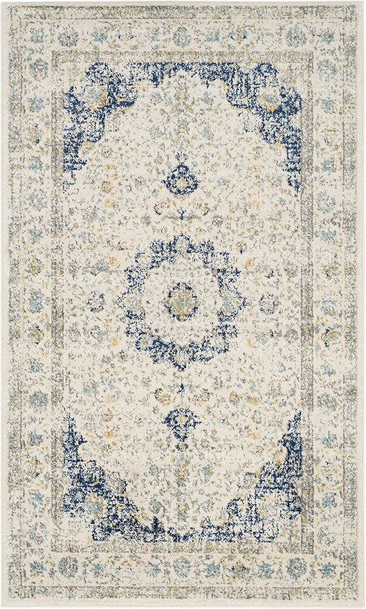SAFAVIEH Evoke Collection X-Large Area Rug - 11' x 15', Ivory & Blue, Shabby Chic Oriental Medallion Design, Non-Shedding & Easy Care, Ideal for High Traffic Areas in Living Room, Bedroom (EVK220C)