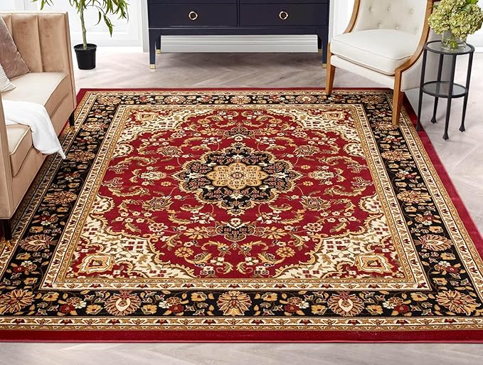 Well Woven Barclay Collection Medallion Kashan Red 4x5 Area Rug - for Entryways, Small Bedrooms, Living Rooms
