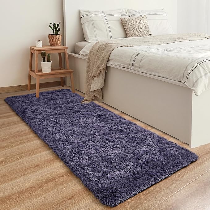 YJ.GWL Fluffy Runner Rugs for Bedroom Living Room Soft Shag Rug 2x6 Feet, Grey-Purple Plush Carpet Non Slip for Nursery Dorm, Fuzzy Bedside Rug for Kids Boys Room Home Decor