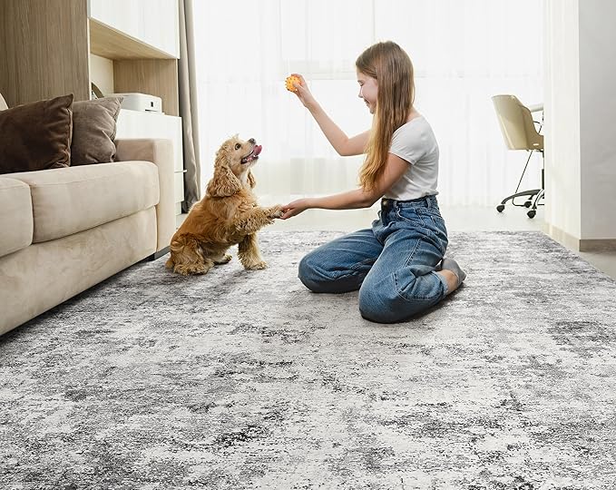 10x12 Area Rug Living Room Rugs - Washable Neutral Modern Abstract Soft Thin Large Rug Indoor Floor No Slip Rug Carpet for Bedroom Under Dining Table Home Office Decor - Grey