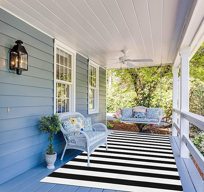 Seavish Black and White Rug, 5x8 ft Outdoor Patio Rugs, Handmade Cotton Woven Farmhouse Christmas Halloween Decor Rug, Machine Washable Carpet Rugs for Living Room Entryway Home Office Dining Room