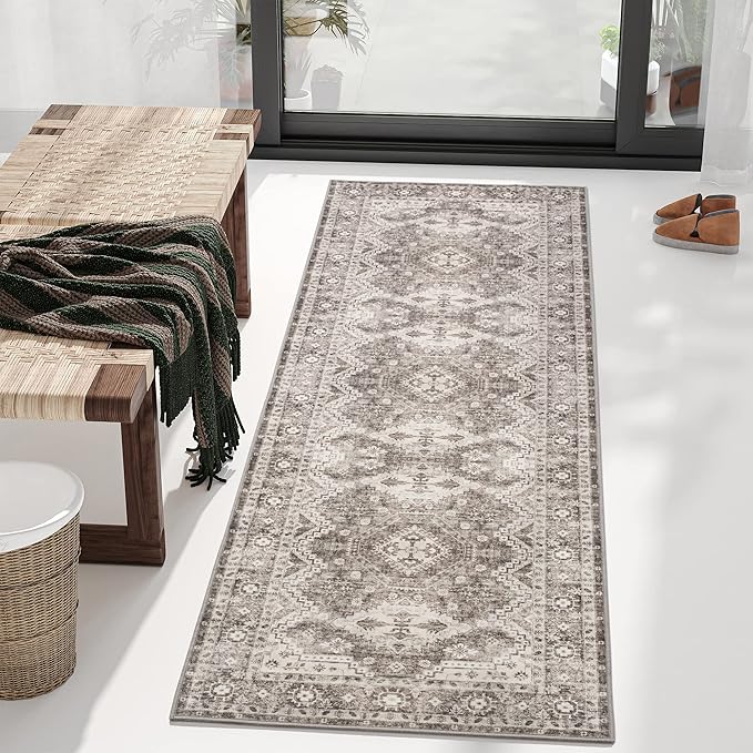 Rugland 2'6x8' Runner Rug - Stain Resistant Entryway Rug, Anti Slip Backing Hallway Runner Rug, Vintage Tribal Area Rugs (TPR07-Ivory, 2'6x8')
