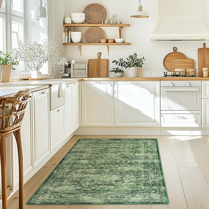 4x6 ft Green Area Rug, Washable Non-Slip Indoor/Outdoor Patio, Kitchen, Entryway, Office, Boho Kids Rug, Runner Rug for Living Room & Hallway