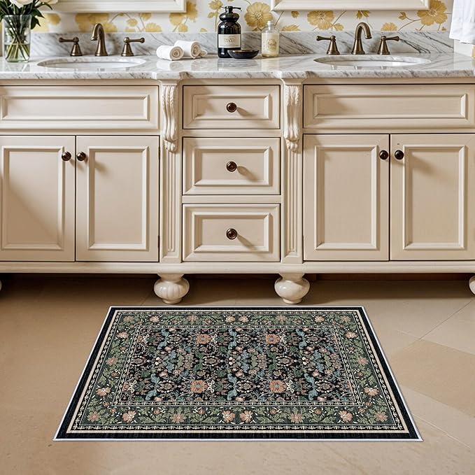 2x3 Floral Area Rug - Soft Oriental Vintage Farmhouse Style for Bathroom Entryway Kitchen - Non-Slip Backing Low Pile Stain Resistant Indoor Mat (2x3 Black/Green/Multi)