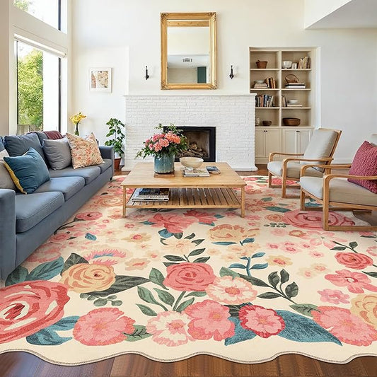 Washable Floral Area Rug 8x10 Beige Living Room Large Carpet Bedroom Scalloped Flower Non Slip Soft Throw Rug Farmhouse Low Pile Thin Indoor Floor Cover for Dining Room Office